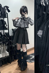 Black/Grey Long Sleeves Ruffled Double Heart Buckle Japanese Jirai Kei Set - Product - 5
