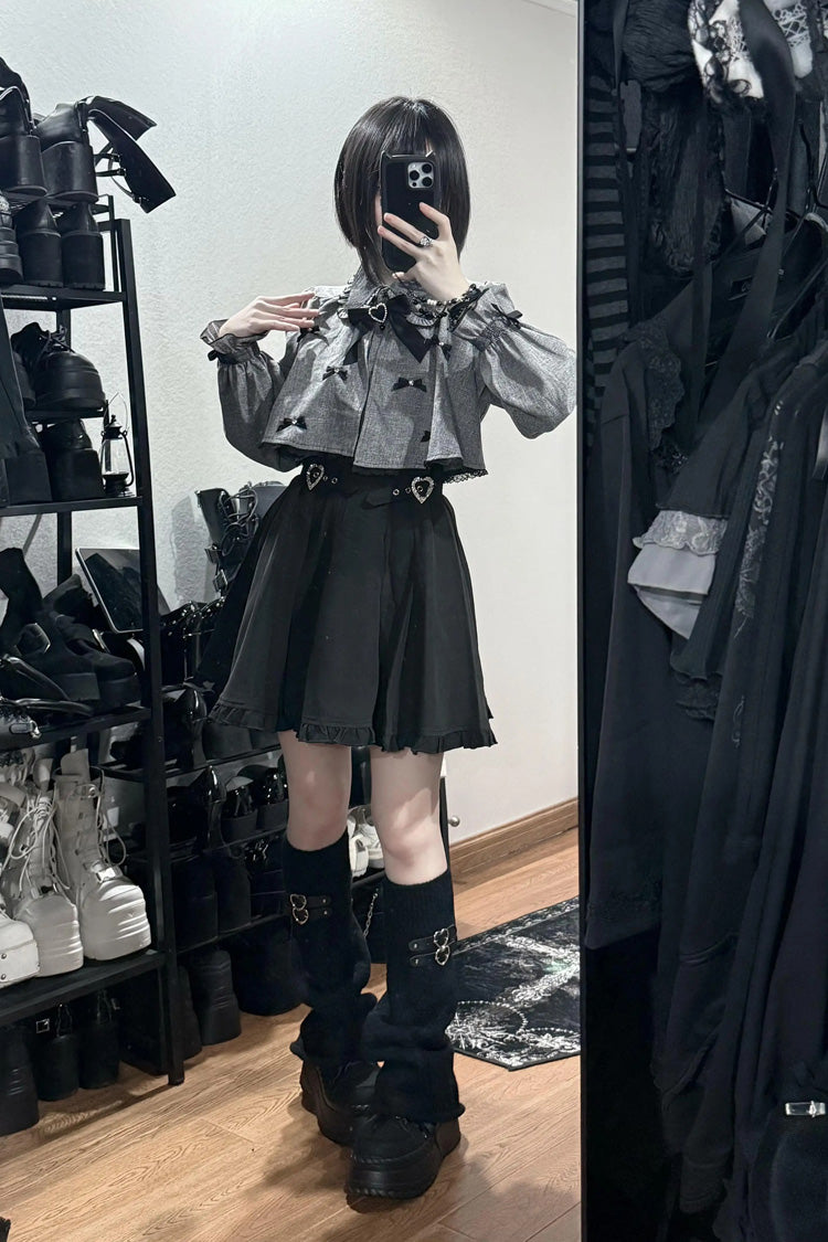 Black/Grey Long Sleeves Ruffled Double Heart Buckle Japanese Jirai Kei Set - Product - 5