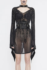 Black Circuit Diagram Flocking Printed Flared Sleeve Womens Gothic Dress - Black - 1
