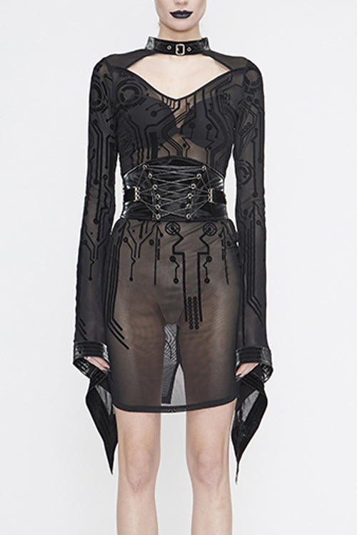 Black Circuit Diagram Flocking Printed Flared Sleeve Womens Gothic Dress - Black - 1