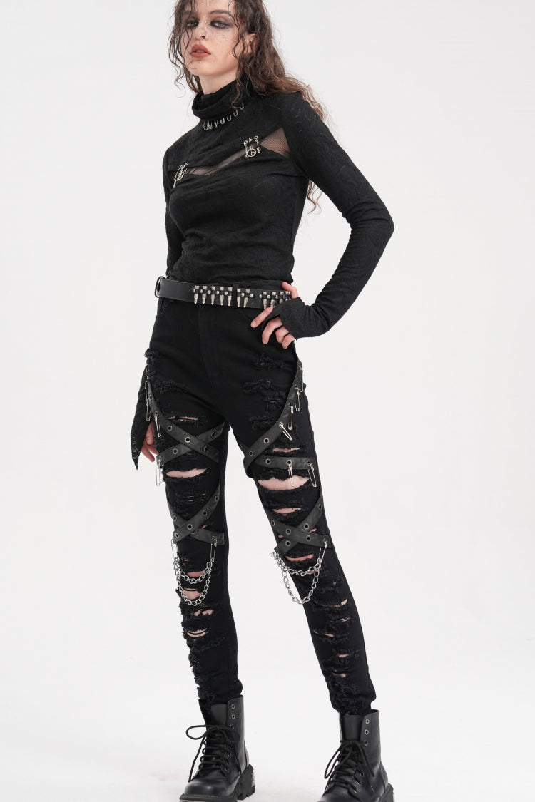 Black Chain Mesh Ripped Women's Punk Pants - Product - 9