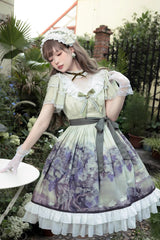 Multi-Color Short Sleeves Vineyard Print Ruffle Bowknot Sweet Princess Lolita Dress - Product - 2