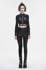 Black Turn Down Collar Cutout Long Sleeves Studded Women's Punk Shirt - Product - 4