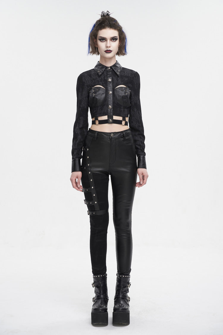 Black Turn Down Collar Cutout Long Sleeves Studded Women's Punk Shirt - Product - 4