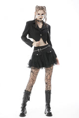 Black Lapel Collar Long Sleeves Chain-Decorated Women's Punk Irregular Short Jacket - Product - 5