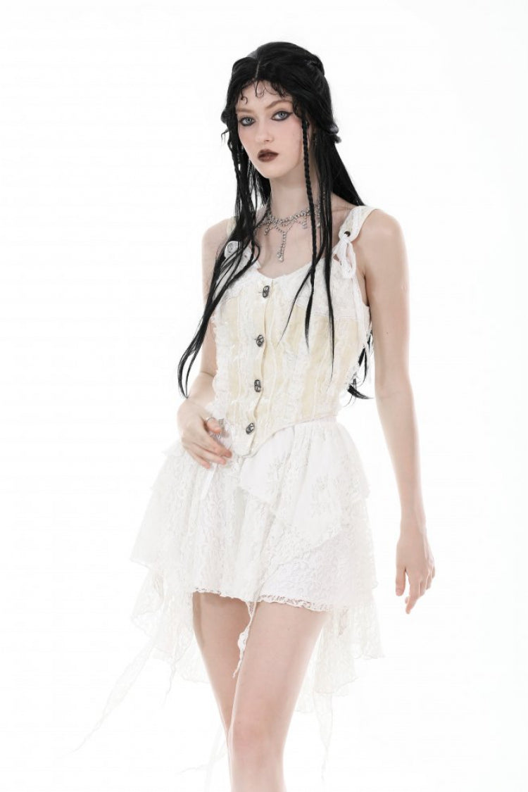 White Irregular Lace Splice  Multi-Layered Women's Gothic Skirt - White - 1