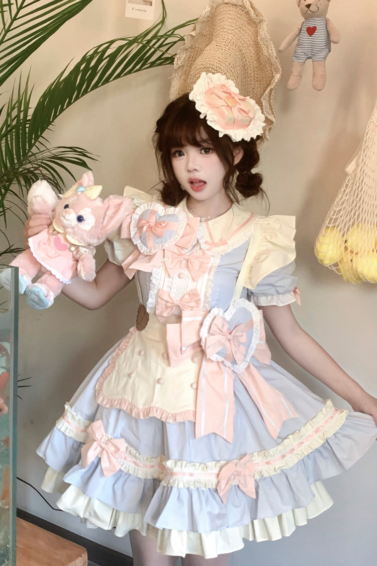Cookies Short Sleeves Maid Ruffle Bowknot Sweet Lolita Tiered Dress 2 Colors - Pink/Blue - 1