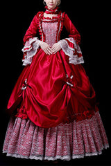 Red Multi-Layer Hime Sleeves High Waisted Hollow Embroidery Floral Print Victorian Lolita Prom Dress - Red - 1