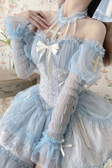 Blue Tube Top Sleeveless Blowknot Ruffled Sweet Lolita Tiered Dress - Product - 4