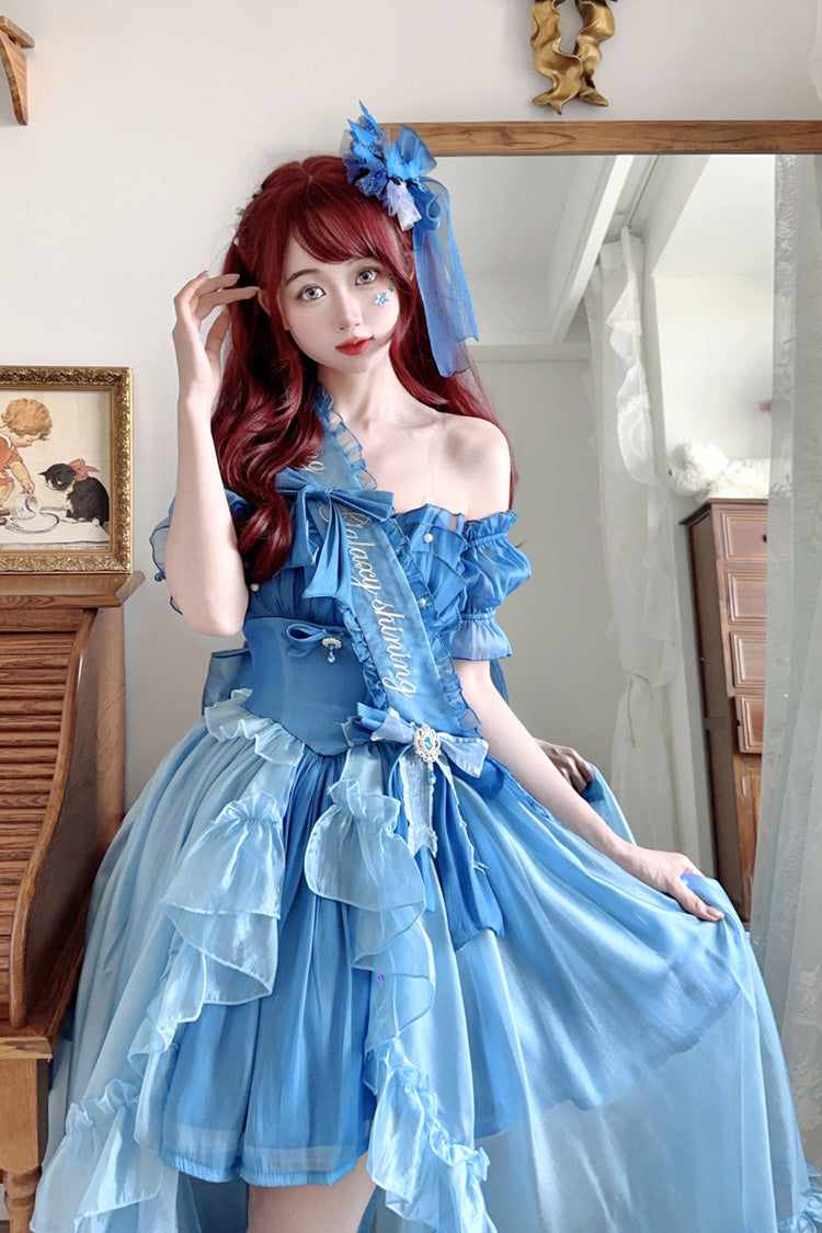 Blue [Mermaid Princess] Ruffle Hanayome Bowknot Sweet Elegant Lolita Jsk Dress Set - Product - 2