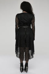 Black Elasticity Modal Cotton Fabric Patchwork Lace Metal Buckle Belt Long Hem Long Sleeve Women's Plus Size Gothic Dress - Product - 3