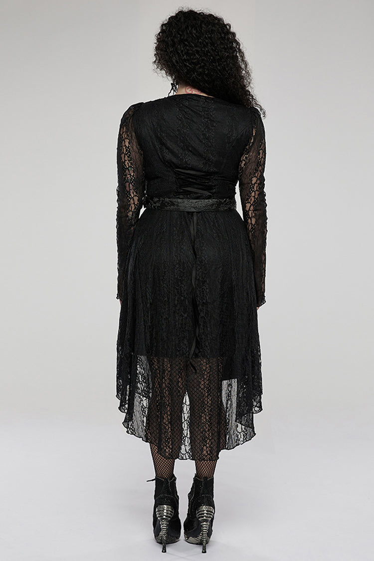 Black Elasticity Modal Cotton Fabric Patchwork Lace Metal Buckle Belt Long Hem Long Sleeve Women's Plus Size Gothic Dress - Product - 3