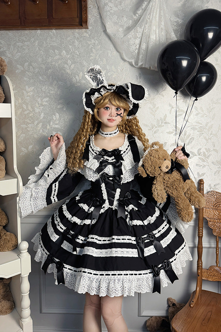 Black [Rabbit Sleeping Doll] Long Trumpet Sleeves Ruffle Bowknot Lace Sweet Lolita Dress - Product - 2