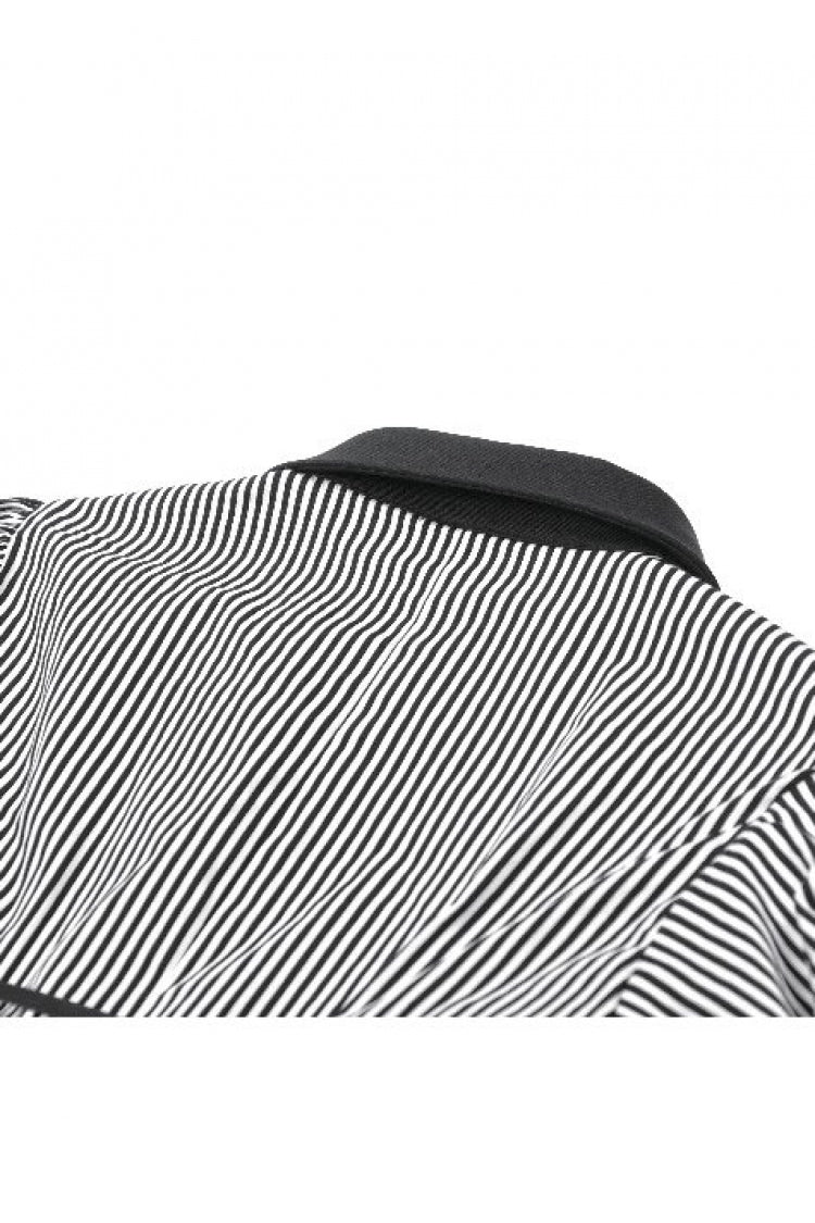 Black/White Pinstripe Short Puff Sleeves Lace-Up Women's Preppy Style Swallow-tailed Blouse with Detachable Tie - Product - 17