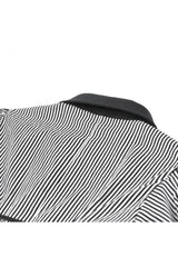 Black/White Pinstripe Short Puff Sleeves Lace-Up Women's Preppy Style Swallow-tailed Blouse with Detachable Tie - Product - 17