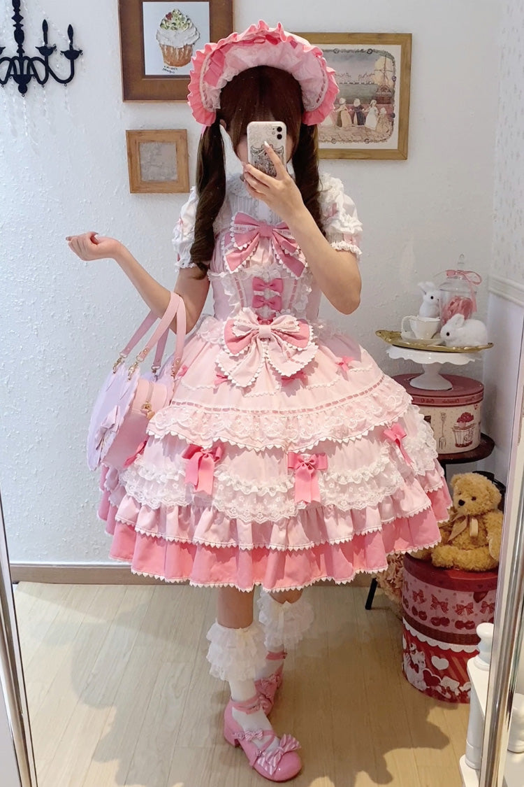 Pink [Fondant Cake] Sleeveless Multi-Layered Ruffle Bowknot Lace Sweet Lolita Jsk Dress - Product - 6