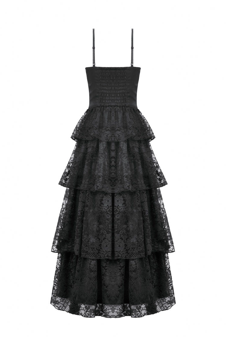 Black Sleeveless Multi-Layered Lace Ruched Women's Gothic Slip Maxi Dress Wedding Dress - Product - 13