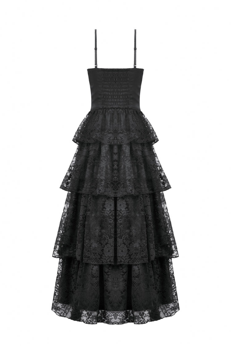 Black Sleeveless Multi-Layered Lace Ruched Women's Gothic Slip Maxi Dress Wedding Dress - Product - 13