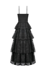 Black Sleeveless Multi-Layered Lace Ruched Women's Gothic Slip Maxi Dress Wedding Dress - Product - 13
