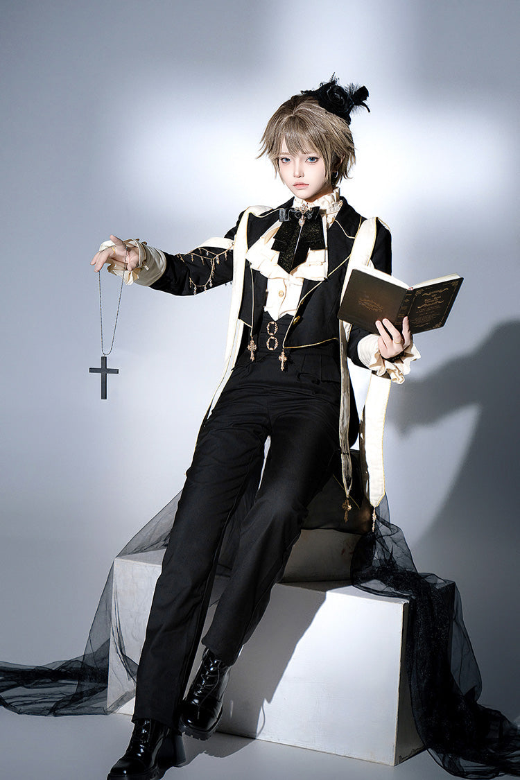 Black Long Sleeves Print Gothic Prince Handsome Ouji Lolita Swallowtail Coat - Product - 9