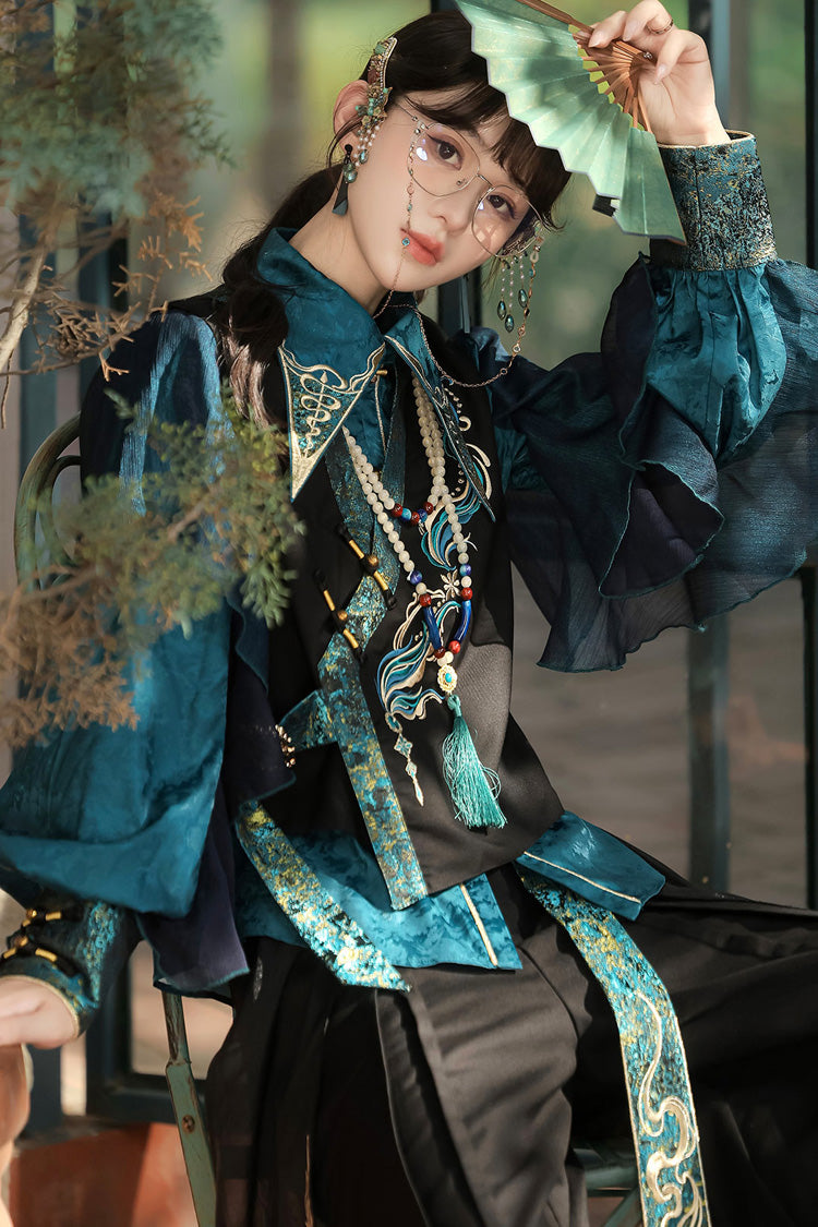 Black/Green Round Collar Long Sleeves Ruffle Embroidery Chinese Style Vintage Handsome Ouji Lolita Set - Product - 3