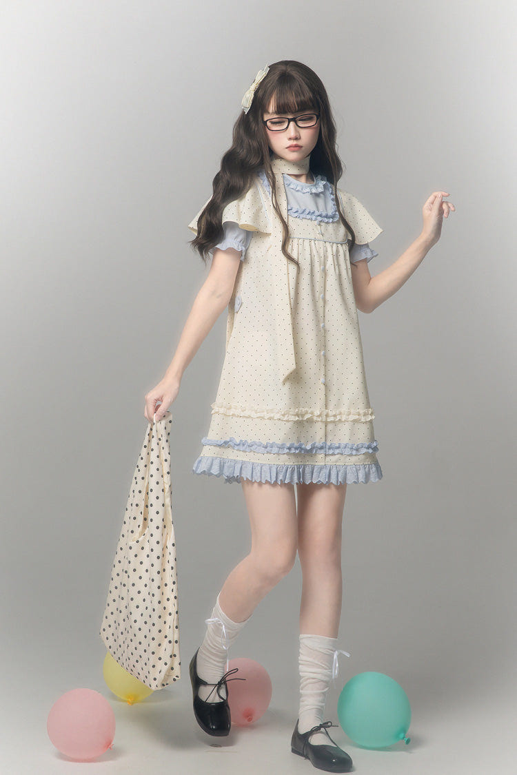 Aqua [Polka Dot Bouclé] Round Collar Long Sleeves Printed Ruffled Faux Two-Piece Sweet Japanese Lolita Dress - Product - 3