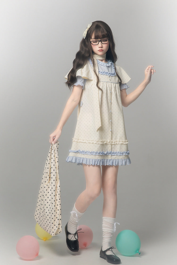 Aqua [Polka Dot Bouclé] Round Collar Long Sleeves Printed Ruffled Faux Two-Piece Sweet Japanese Lolita Dress - Product - 3