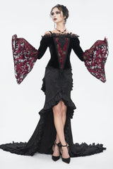 Black/Red Off Shoulder Trumpet Sleeves Embroidery Lace Women's Gothic Blouse - Product - 3