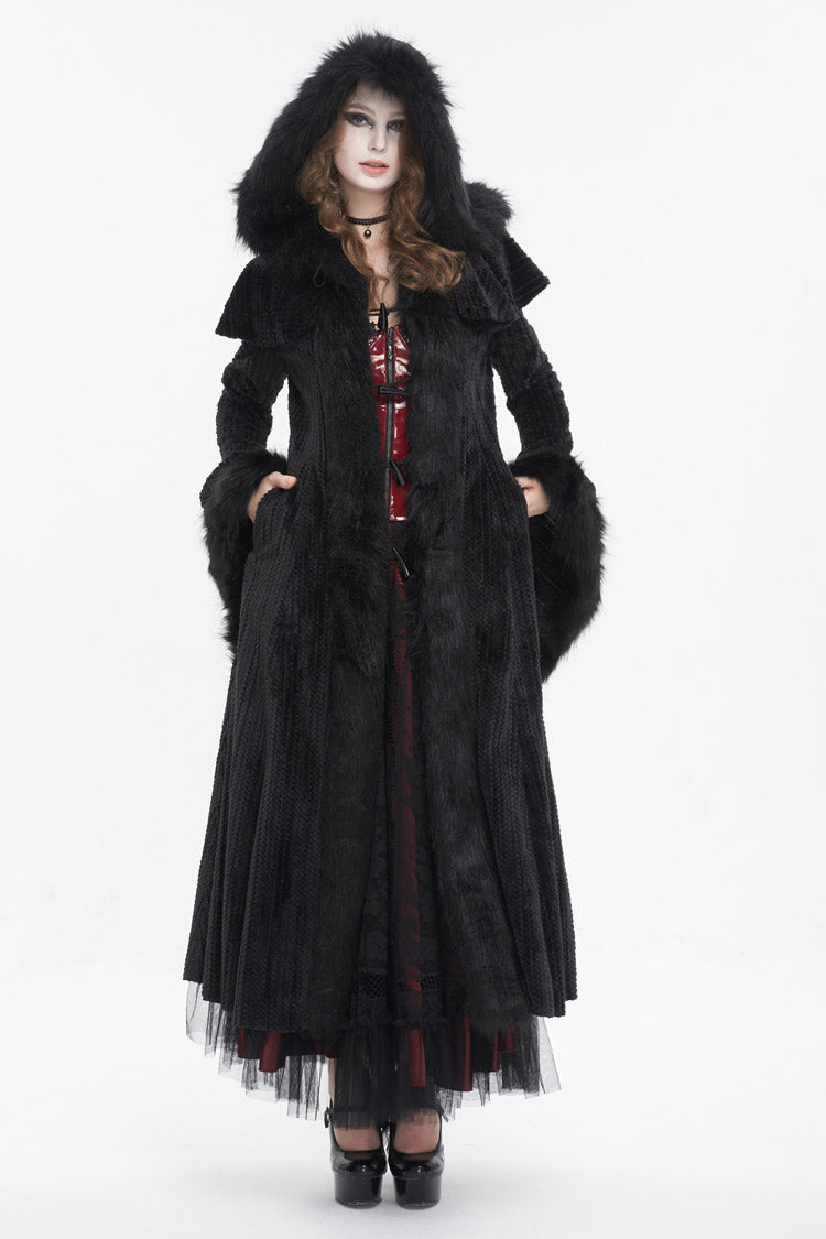 Black Flared Sleeved Fluffy Long Women's Gothic Coat With Hood - Black - 1