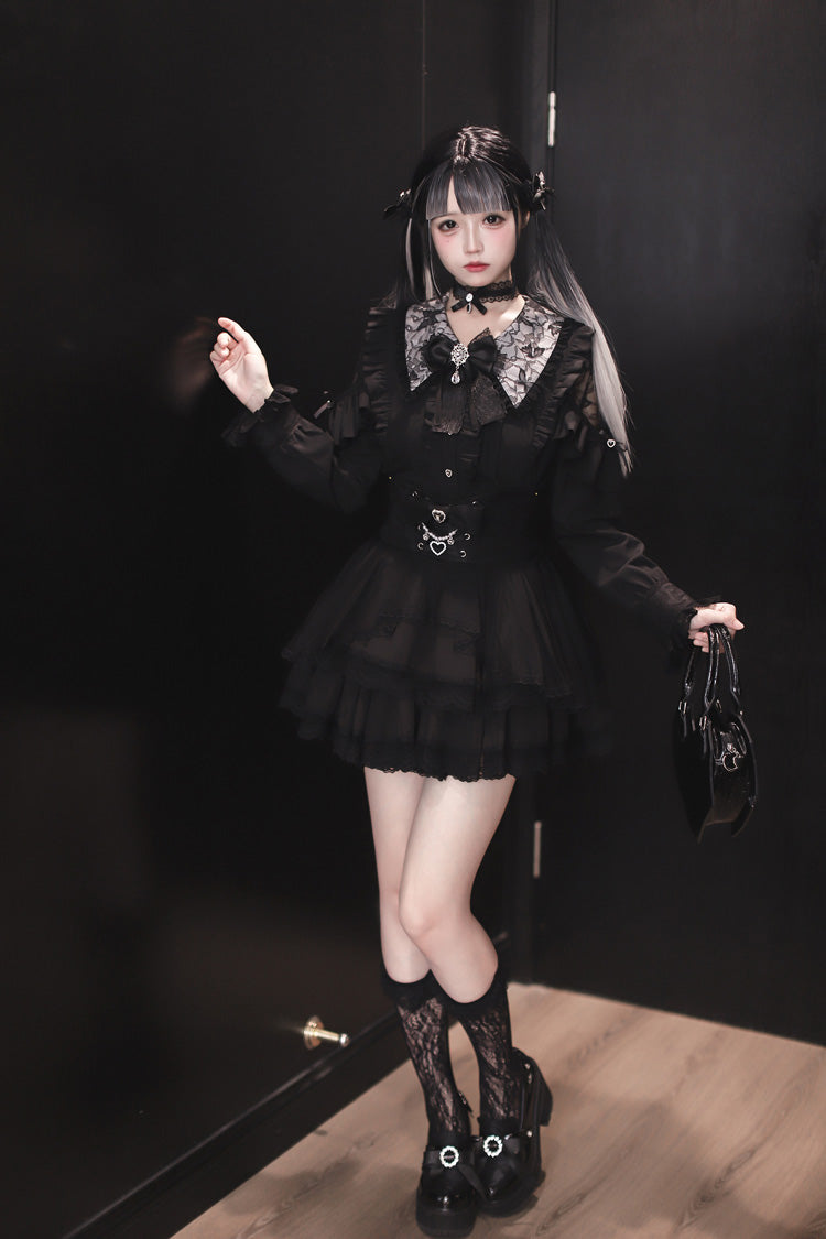 Black [Dreamy Love Ballad] Lapel Collar Long Sleeves Double-Layered Ruffled Cut-Out Bow Gothic Japanese Jirai Kei Skirt Set - Product - 8