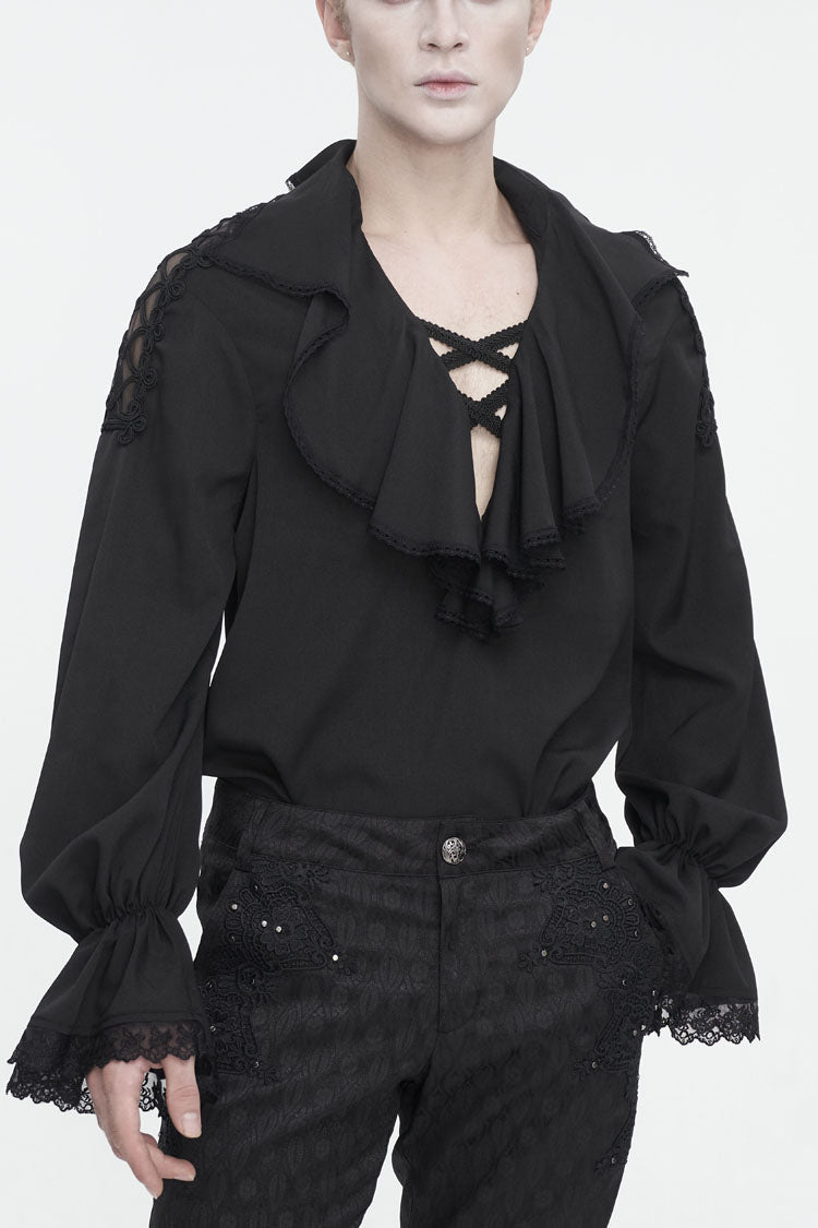 Black Ruffled Collar Puff Sleeved Men's Gothic Shirt - Black - 1
