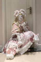 Pink [Sweet Dessert Cat] Print Ruffle Bowknot Lace Sweet Princess Lolita Dress Set - Product - 4