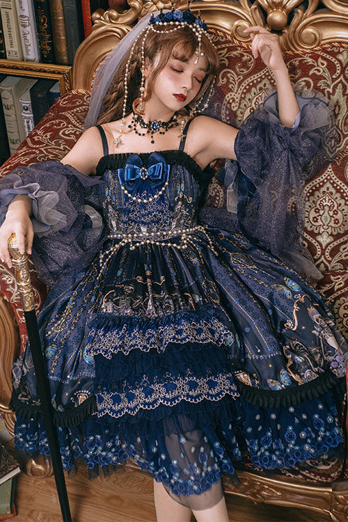 Blue Skull Print Hanayome Bowknot Pearl Chain Multi-Layer Ruffled Gothic Lolita JSK Tiered Dress - Product - 5
