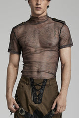 Stand Collar Short Sleeves Print Slim Mens Steampunk T-Shirt 2 Colors - Brown - 1