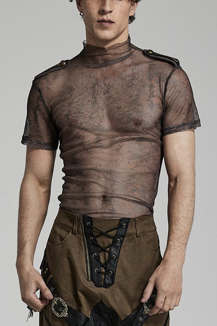 Stand Collar Short Sleeves Print Slim Mens Steampunk T-Shirt 2 Colors - Brown - 1