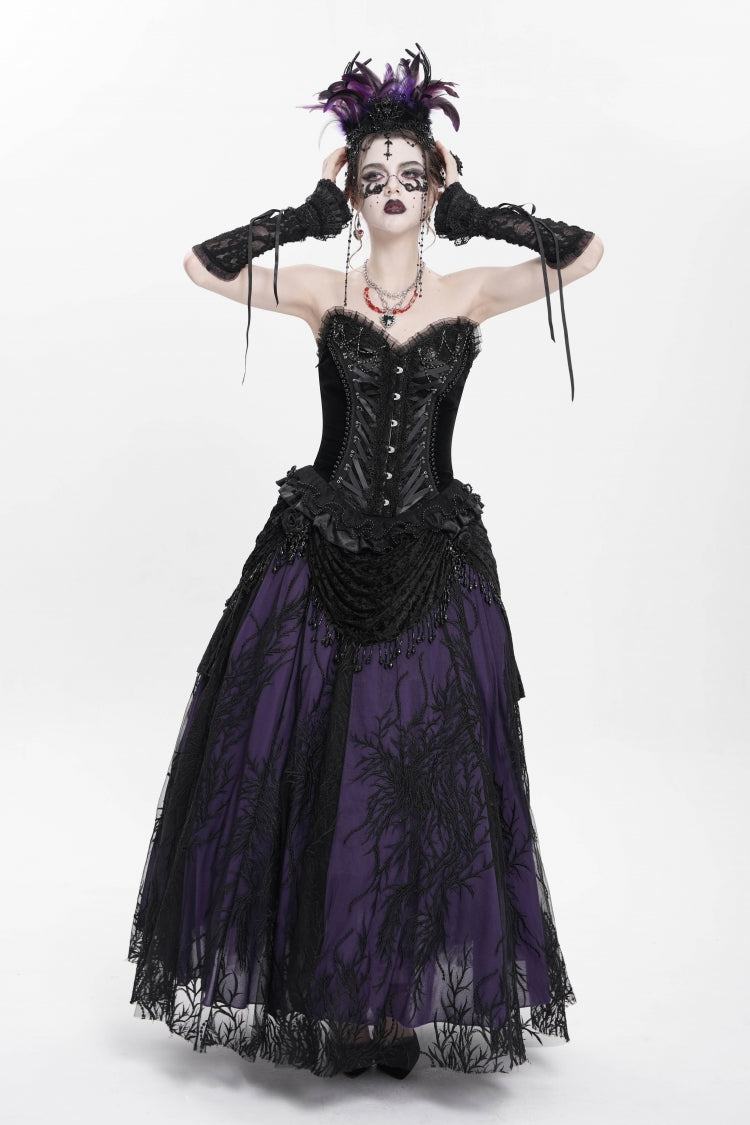 Black Sleeveless Beaded Lace Lace-Up Women's Gothic Overbust Corset - Product - 10