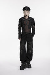 Black Stand Collar Long Sleeves Spliced Lace-Up Mesh Studded Buckled Eyelet Men's Punk Jacket - Black - 1
