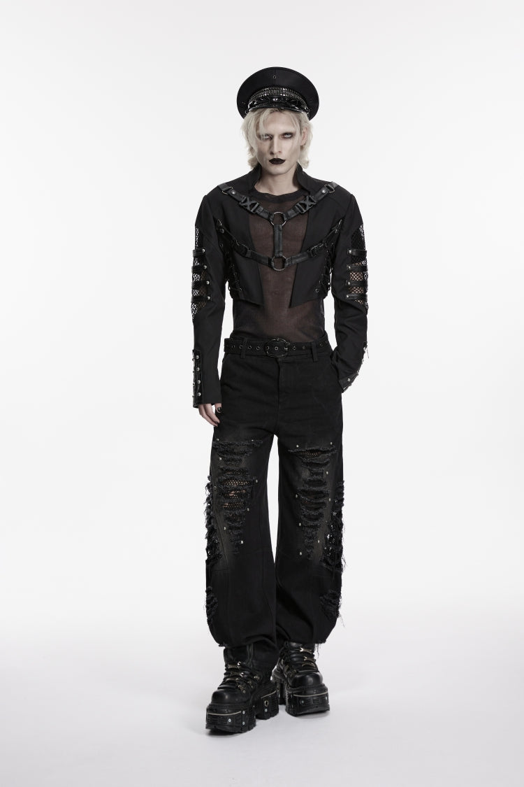 Black Stand Collar Long Sleeves Spliced Lace-Up Mesh Studded Buckled Eyelet Men's Punk Jacket - Black - 1