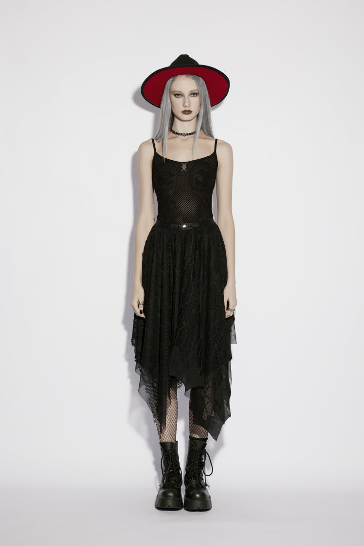 Black Multi-Layered Irregular Mesh Eyelet Women's Gothic Bat&Cobweb Skirt - Product - 4