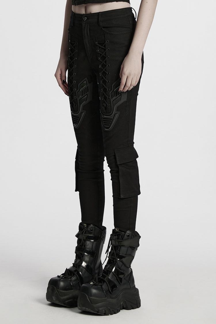 Black Lace-Up Strappy Big-pocket Women's Punk Leggings - Product - 2