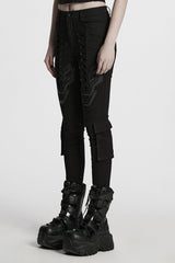 Black Lace-Up Strappy Big-pocket Women's Punk Leggings - Product - 2