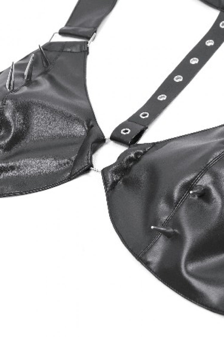 Black Metal Studded Women's Punk Faux Leather Bustier Crop Top with Adjustable Clasps - Product - 14
