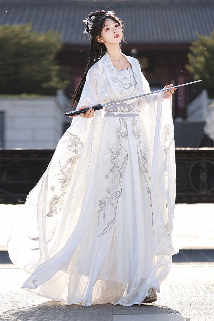 White [Silver Moon] High Waisted Embroidered Women's Classic Hanfu Dress Full Set - Product - 3