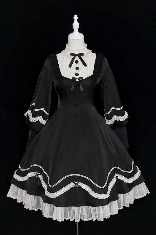 Alice Girl Andrea Solid Bowknot Long Sleeves Ruffled Sweet Lolita OP Dress 3 Colors - Black - 13