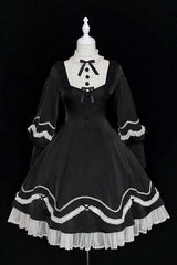 Alice Girl Andrea Solid Bowknot Long Sleeves Ruffled Sweet Lolita OP Dress 3 Colors - Black - 13