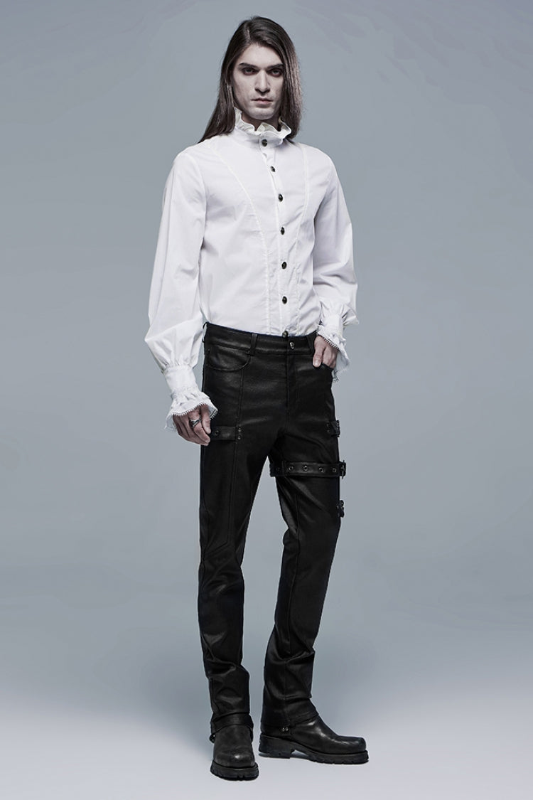 White Stand Collar Lantern Sleeves Slim Men's Gothic Blouse - Product - 4