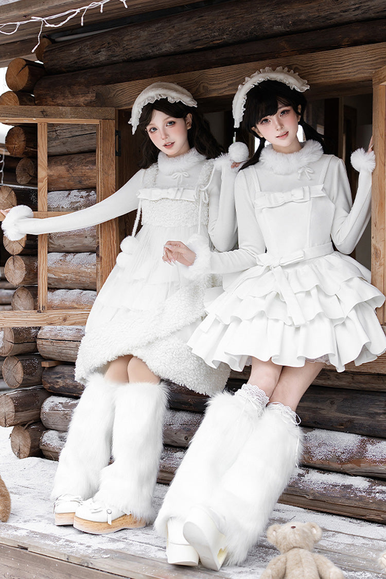 [White Chocolate] Triple-Layered Ruffle Bowknot Sweet Lolita Jsk Dress Set - Product - 9
