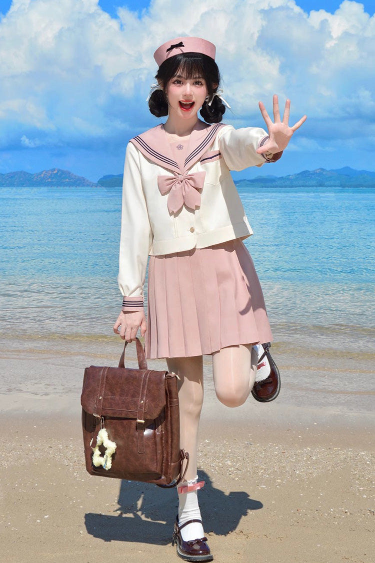 Pink/Ivory Sailor Collar Long Sleeves Sweet Japanese School Skirt Set - Product - 4