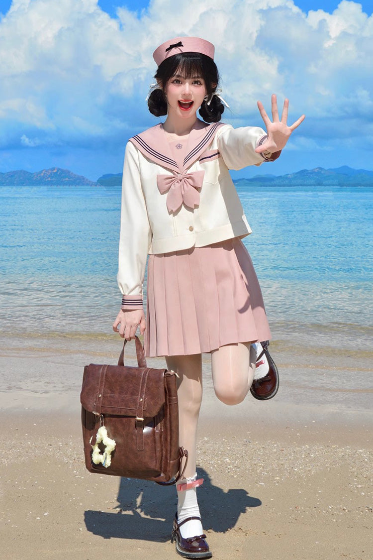 Pink/Ivory Sailor Collar Long Sleeves Sweet Japanese School Skirt Set - Product - 4