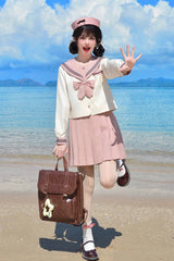 Pink/Ivory Sailor Collar Long Sleeves Sweet Japanese School Skirt Set - Product - 4